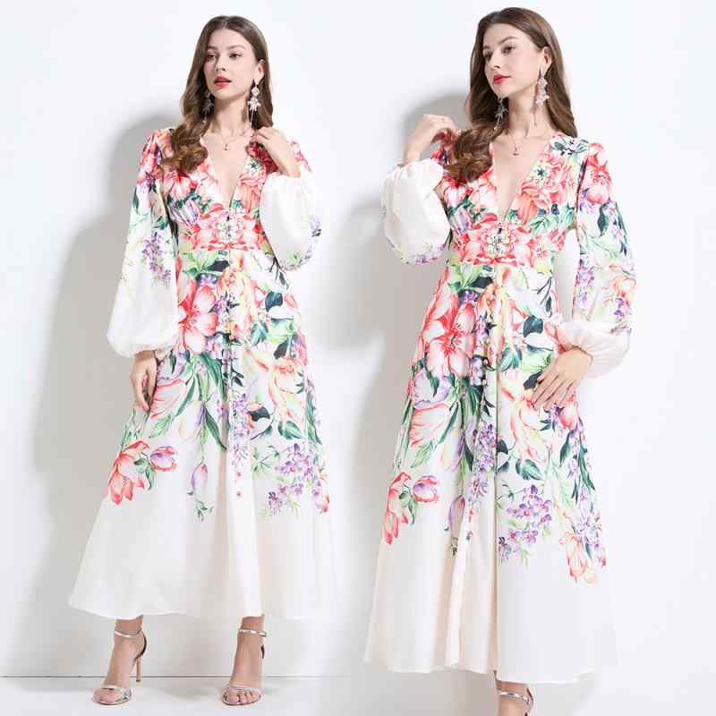 ワンピース レディース 春夏 リゾート Vネック 水彩花柄 プリント リネン素材 吸湿速乾 ランタンスリーブ ウエストマーク 長袖 ロング丈 Aライン フレア 裾フリル アプリコット