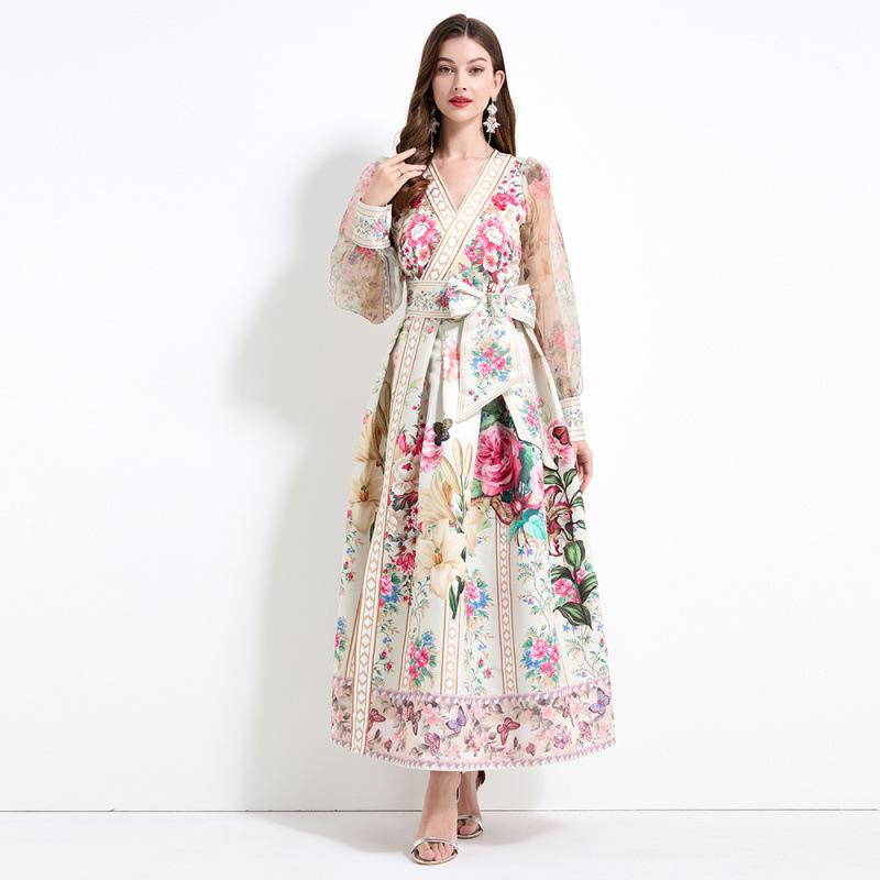 ワンピース 春夏 リゾート バカンス 欧米風 ラップ マキシ丈 ウエストリボン Vネック バルーンスリーブ プリント フレア 裾フリル リネン アプリコット