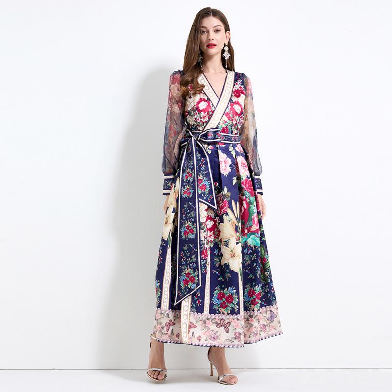 ロングワンピース レディース ラップドレス カシュクール ランタンスリーブ 花柄 フレア 裾フリル ウエストリボン リネン 麻 春夏 リゾート 普段使い お出かけ ネイビー