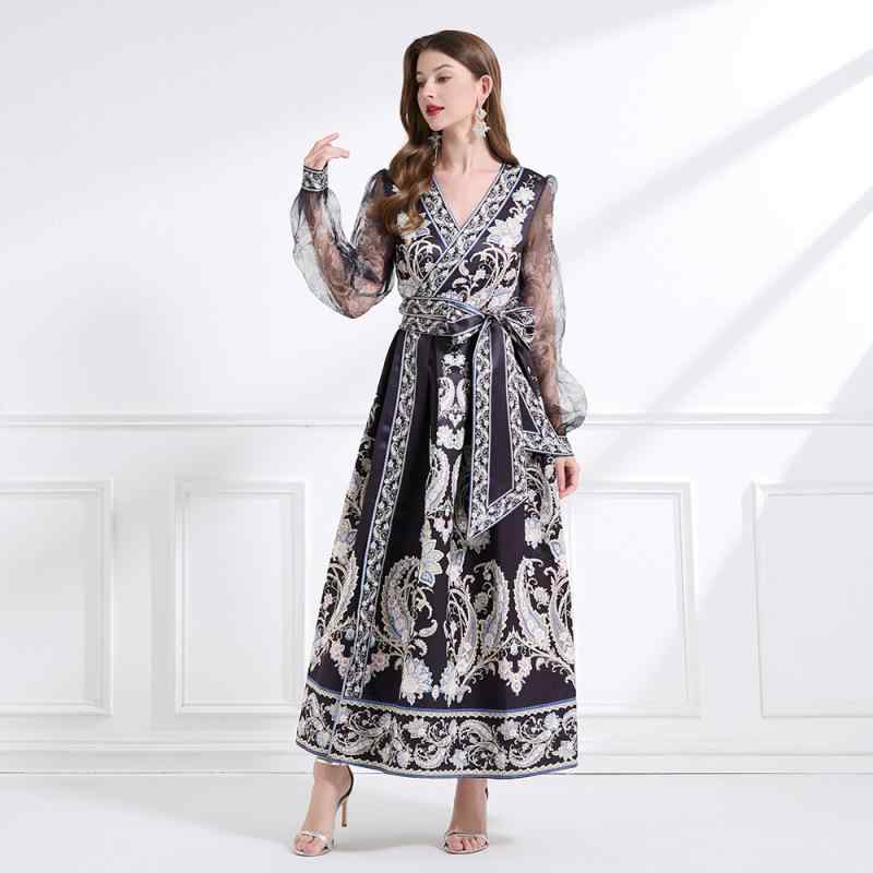 ワンピース レディース リゾート ラップ カシュクール Vネック ランタンスリーブ バルーンスリーブ ウエストリボン プリント柄 フレア 裾フリル リネン 麻 ブラック 春夏