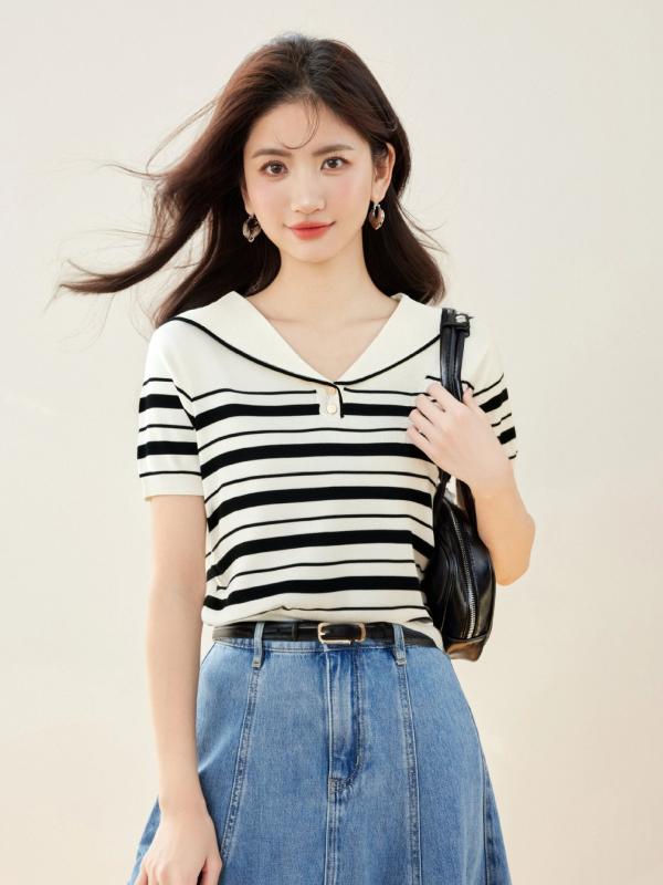 ニット レディース 夏 半袖 セーラーカラー 2つボタン エイジレス ストライプ プルオーバー クロップド..