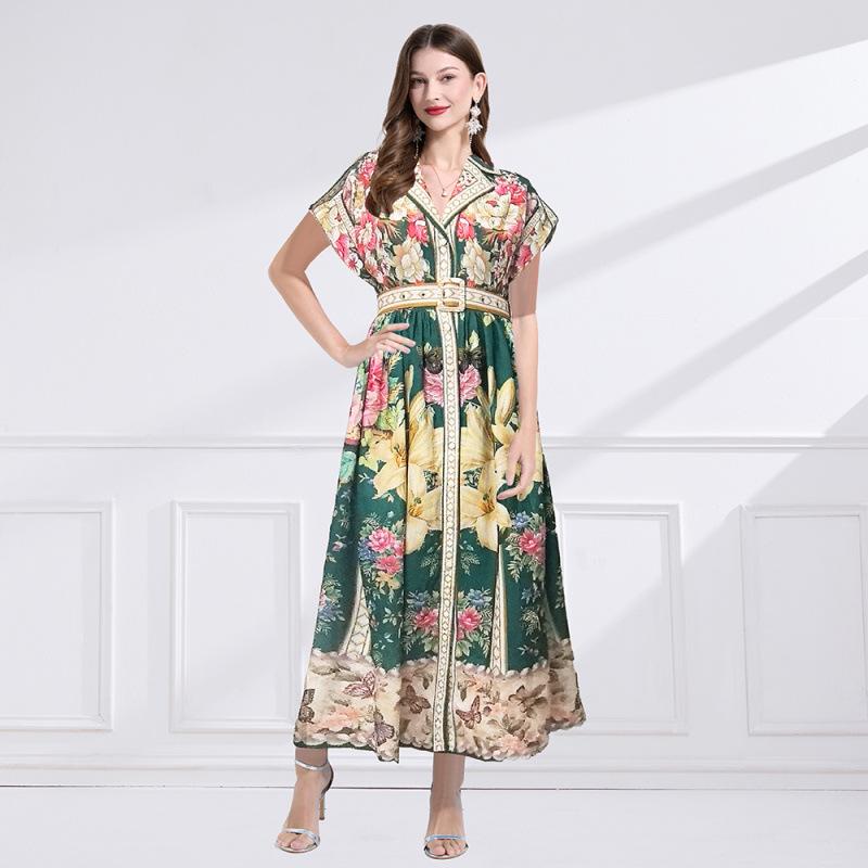 ワンピース レディース 夏 麻 リネン 花柄プリント レトロ 宮廷風 欧米風 テーラードカラー 半袖 フリル袖 ウエストマーク ロング丈 フレア 裾フリル グリーン カジュアル