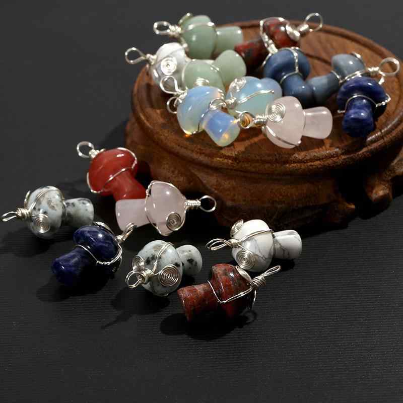 ペンダント 天然水晶 半貴石 カラフル キノコ型 ゴールドワイヤー装飾 DIY ハンドメイド アクセサリー..