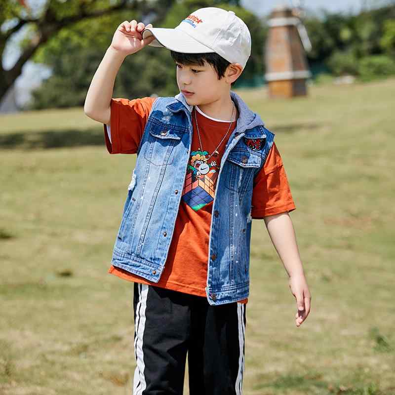 ベスト 男の子 デニム コットン フード取り外し可能 カジュアル 欧米風 春秋 柔らか加工 酵素洗い アル..