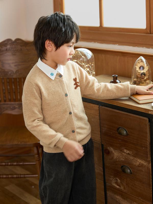 ニットカーディガン キッズ 子供 男の子 女の子 男女兼用 純羊毛 ウール100% クマ刺繍 かわいい 丸首 長袖 前開き トップス 羽織り 柔らか ソフトタッチ 秋冬 ベージュ ブラウン グレー