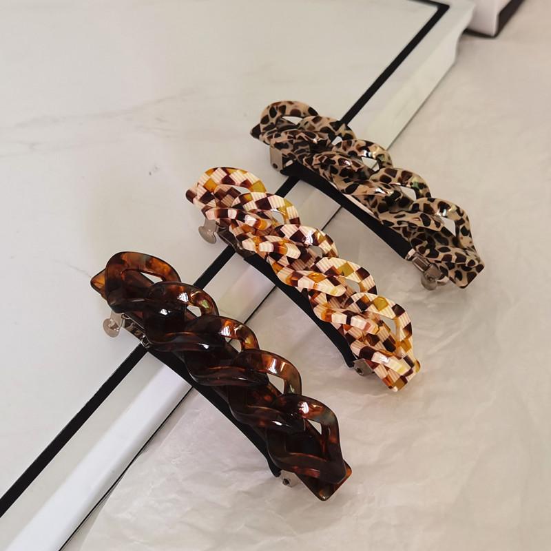 ヘアアクセサリー レディース 韓国風 ヒョウ柄 ミルク牛柄 アセテート バネクリップ チェーン ロック ..