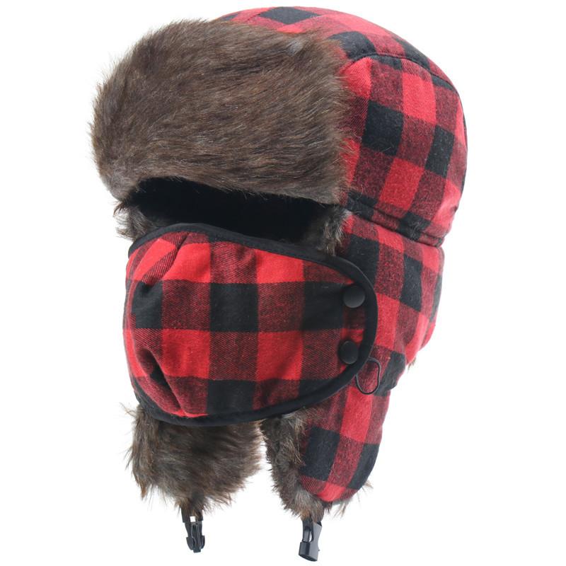 楽天way-ugo帽子 男女兼用 フライトキャップ 飛行帽 トラッパーハット フェイクファー 厚手 チェック柄 耳当て付き マスク付き 防風 防寒 保温 アウトドア スキー スノーボード 秋冬（x200）