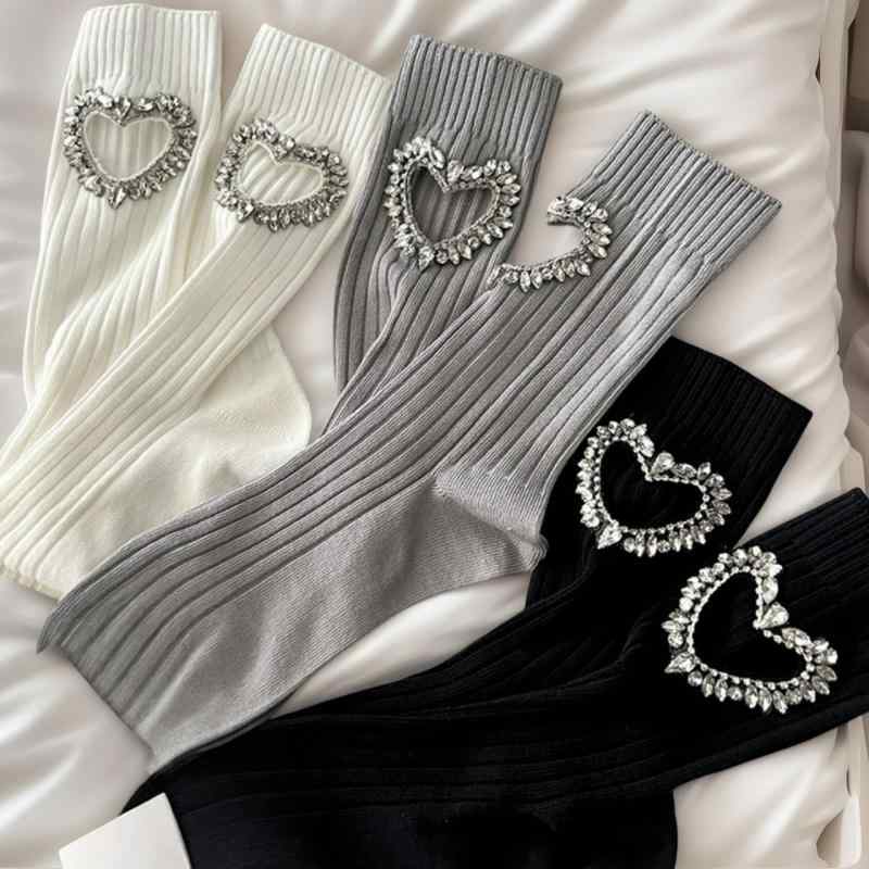 靴下 レディース 欧風 エレガント ラインストーン ハート 透かし編み 春夏 薄手 吸汗 コットン ダブル..