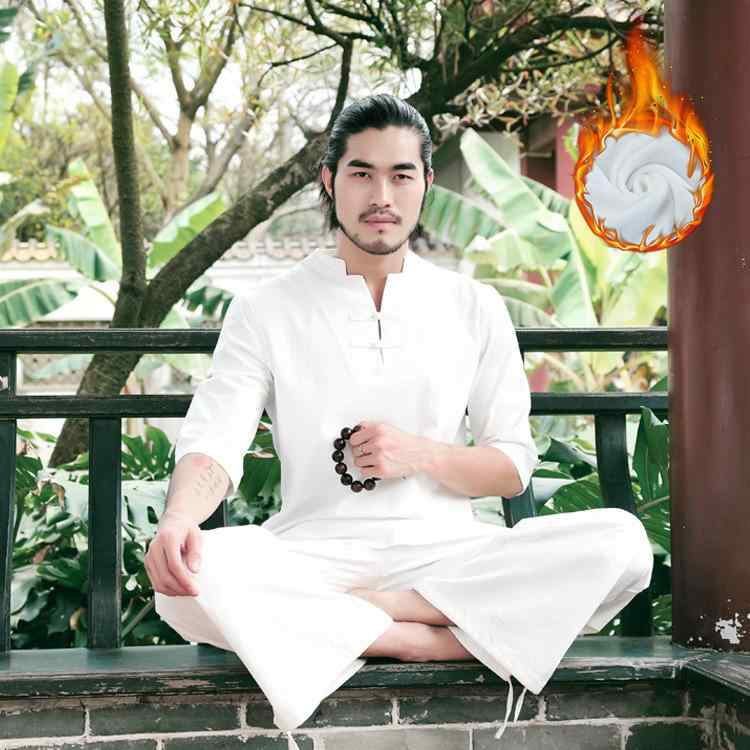 セットアップ メンズ 男性用 秋冬 綿麻 コットンリネン 厚手 肉厚 保温 防寒 ヨガ 禅修 太極拳 瞑想 リラックス 部屋着 ルームウェア ゆったり カジュアル 上下セット ホワイト