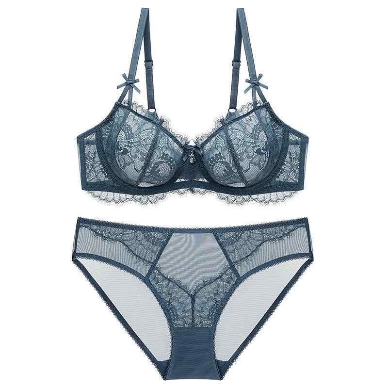 ブラジャー＆ショーツセット レディース セクシー 超薄手 シアー レース ナイロン スパンデックス 3/4カップ グラマー向け 胸を小さく見せる 下垂防止 リフトアップ 通気性 快適 フィット感