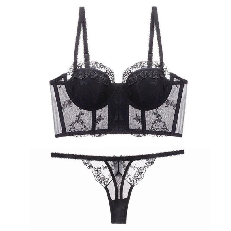 ブラジャーセット レディース フレンチ レース 刺繡 ロング丈 ビスチェ風 ソフトワイヤー ボーン内蔵 補正下着 バストアップ 小胸寄せ上げ グラマーすっきり 薄手カップ リフトアップ 快適 高級感 ナイロン スパンデックス ホワイト ブラック