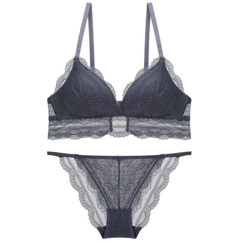 ブラジャーセット レディース フレンチ エレガント 薄手 ノンワイヤー レース 三角カップ ディープV 3/4カップ 脇高 リフトアップ 通気性 快適 着やせ見え ブラック ヌードカラー