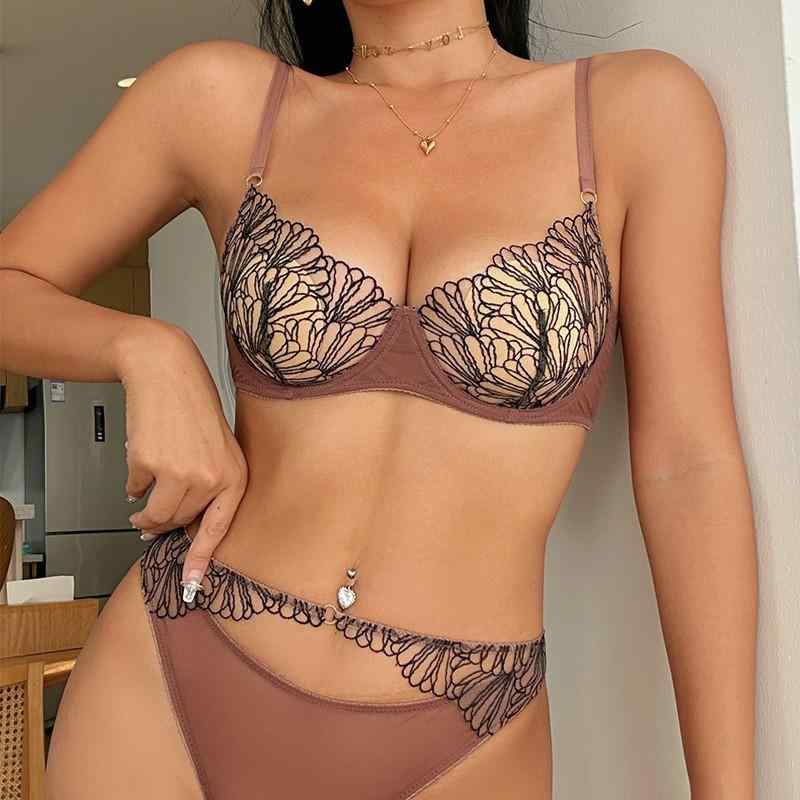 レディース ブラジャー セクシー ランジェリー 下着 フランス風 シアー 薄手 刺繍 レース リフトアップ 着痩せ効果 通気性 快適 ナイロン スパンデックス ショーツ 上下セット
