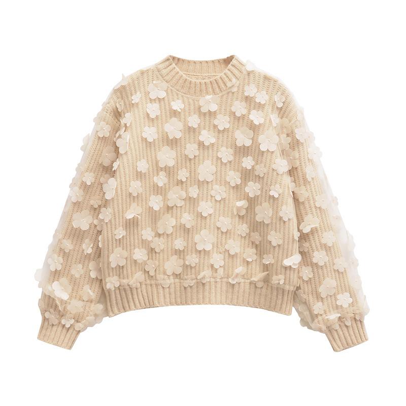 ニット レディース 欧米風 カジュアル ストリートカジュアル フラワーモチーフ 切り替え 長袖 プルオー..