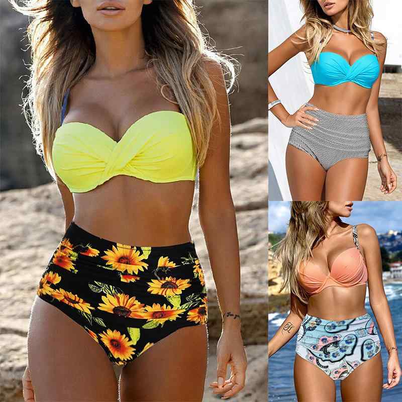 水着 レディース セクシー セパレートビキニ ハイウエスト 三角パンツ キャミソールトップス 胸パッド付き ノンワイヤー ナイロン素材 ピンク イエロー ブルー プール ビーチ 海水浴 リゾート マリンスポーツ 夏