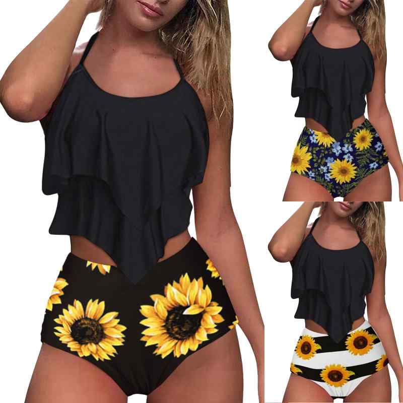 水着 レディース スイムウェア 女性用 黒 ブラック 欧米風 ダブルフリル バックオープン 背中開き 胸パッド付き ビーチ プール リゾート マリンスポーツ 夏