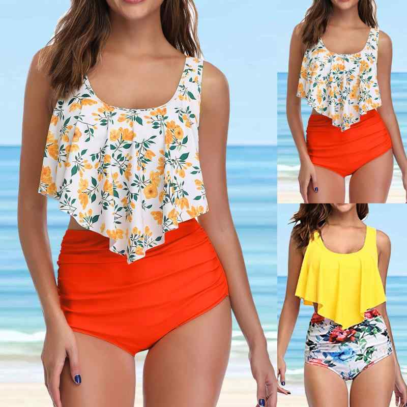 水着 レディース 大きいサイズ ゆったり 体型カバー ギャザー スカートビキニ パッド付き ワイヤーなし ポリエステル アクリル カジュアル 欧米風 春夏 イエロー オレンジ