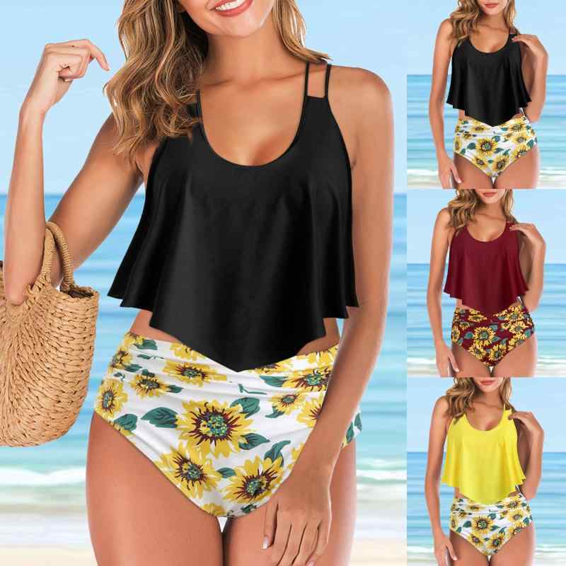 水着 レディース 大きいサイズ ギャザー 体型カバー セパレート ビキニ プール 海水浴 リゾート ノンワイヤー パッド入り ハイウエスト 高伸縮性 ナイロン スパンデックス 夏