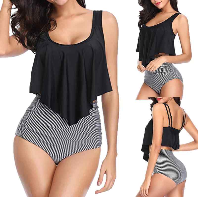 水着 レディース 女性用 プラスサイズ 大きいサイズ 体型カバー お腹カバー ギャザー入り セパレート ビキニ プール 海 ビーチ リゾート 夏 ストライプ柄