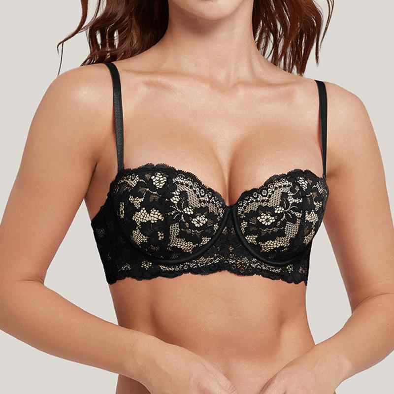 ブラジャー レディース フレンチ セクシー レース ストラップレス 滑り止め プチバスト 盛りブラ 谷間メイク プッシュアップ 垂れ防止 1/2カップ ワイヤー入り 通気性 快適 ホワイト ブラック ナイロン