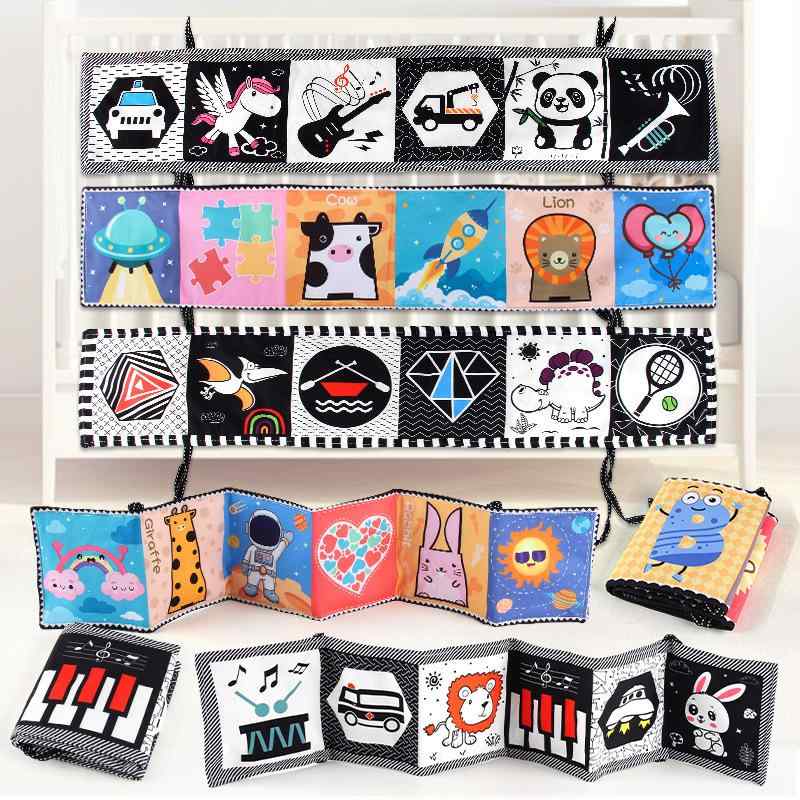 布絵本 ベビー 赤ちゃん 早期教育 知育玩具 12ページ 両面 モノクロ ベッドガード 破れにくい カシャカシャ音 キューキュー音 視覚 聴覚 感覚刺激 脳力開発 把握力 ポリエステル製 親子遊び