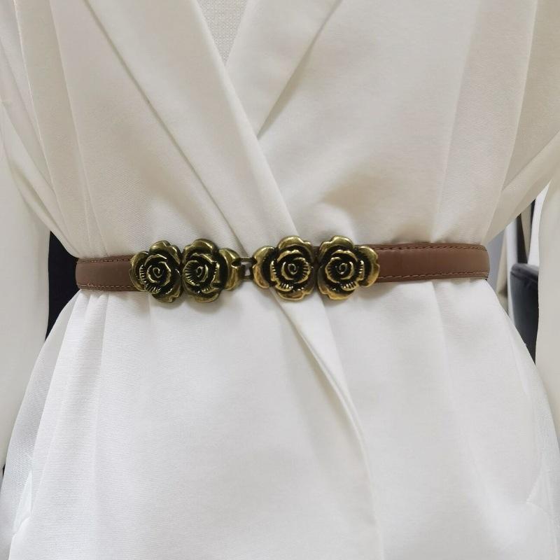 ベルト レディース レトロローズモチーフ装飾 本革 レザー 細身 ウエストマーク ウエストベルト 多用途..