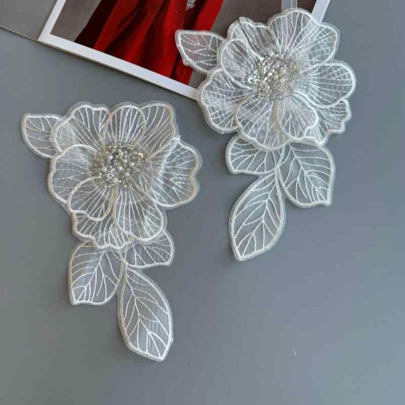 ワッペン アップリケ ホワイトパール ビーズ スパンコール刺繍 ダブルレイヤー レースフラワー 幅12.5c..