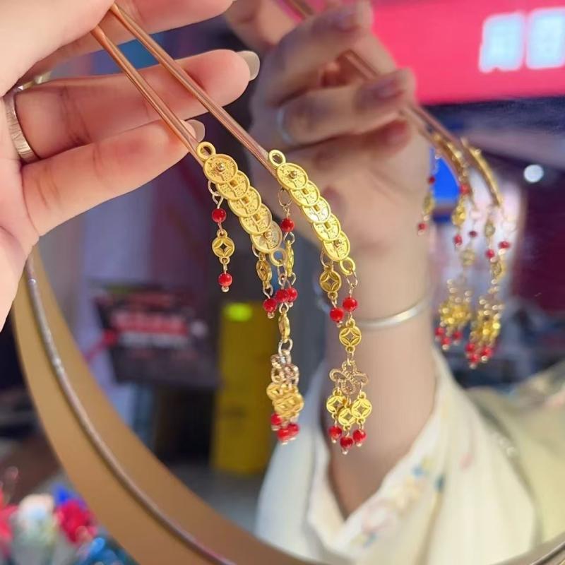 かんざし レディース 女性用 中国風 古風 明朝 唐風 宋朝スタイル 銅銭 コイン 花柄 合金製 手作り 髪..