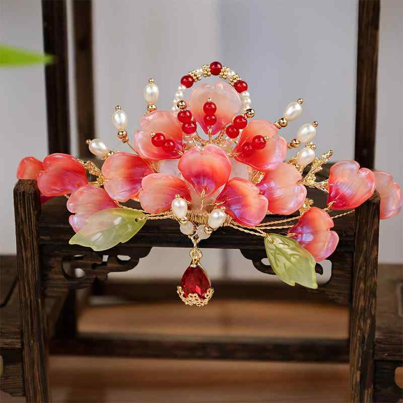 ヘアアクセサリー レディース ブライダル 花嫁 赤 レッド 鳳凰 花モチーフ 造花 タッセル 髪飾り かんざし 歩揺 ヘッドドレス 簪 結婚式 披露宴 和装 前撮り 成人式 卒業式 華やか 豪華 和風