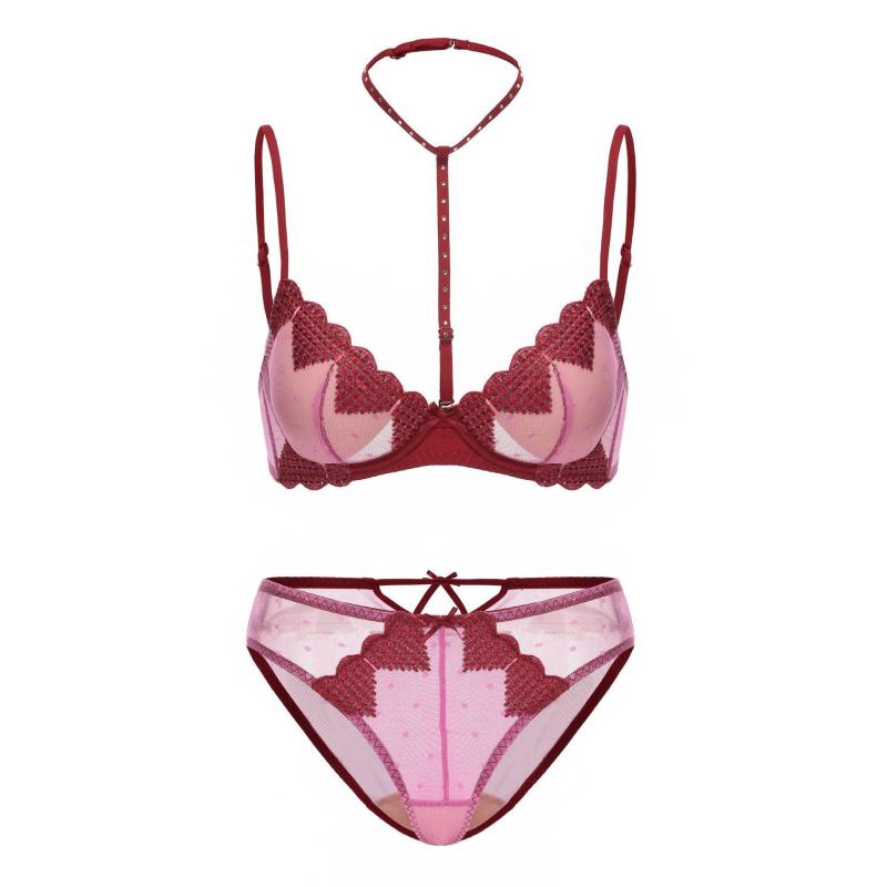 ブラジャー レディース フレンチスタイル ホルターネック セクシー ランジェリー ハート刺繍 メッシュ素材 薄手 谷間メイク 脇高 補正 リフトアップ プッシュアップ ワイヤー入り 3/4カップ 通気性 快適 薄型モールド ストラップ取り外し可能 女性用