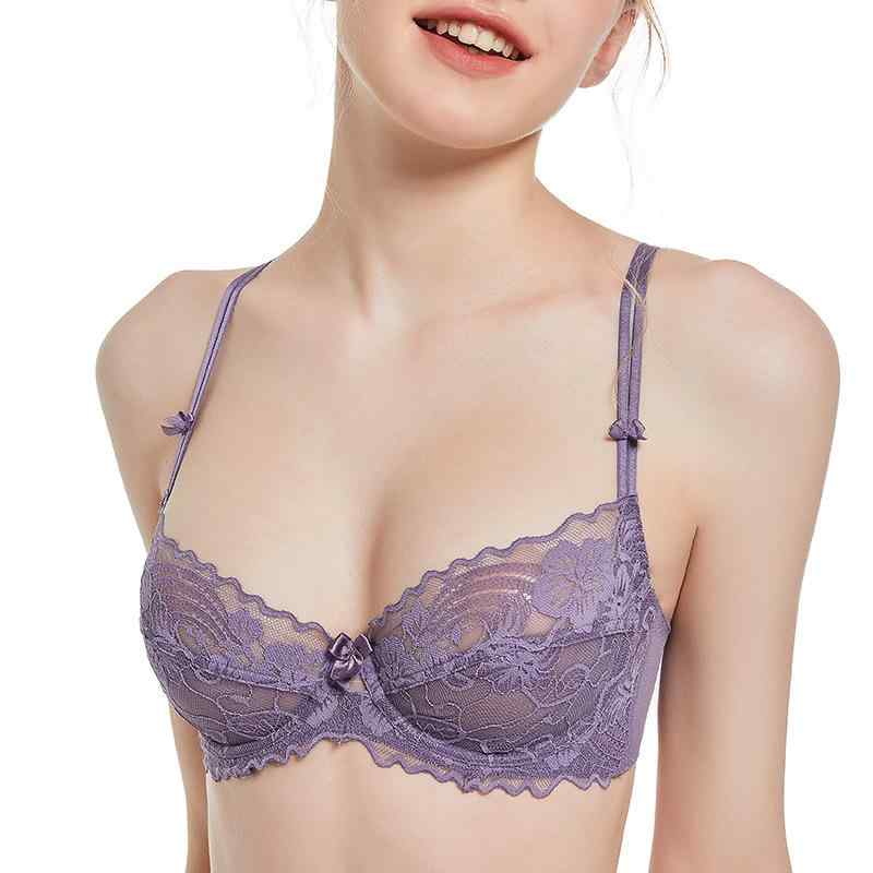 ブラジャー レディース 欧米風 フレンチ スタイル セクシー フェミニン レース 薄手 シアー 4分の3カップ ワイヤー入り グラマー胸 小さく見せる コンパクト リフトアップ 垂れ防止 大きいサイズ 快適 通気性