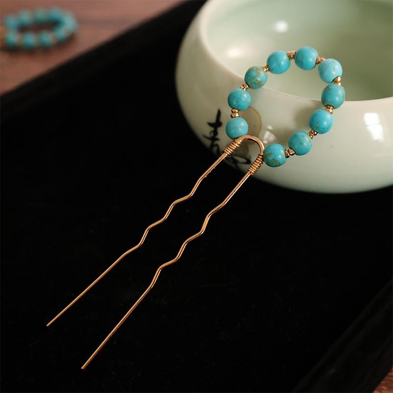 簪 レディース 漢服 明代風 宋代風 中華風 U字かんざし ミニ ターコイズ風 ヘアピン モスグリーン 合金 古典的 エレガント 上品 和装 イベント パーティー