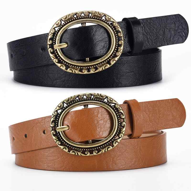 ベルト レディース 楕円 彫刻バックル PUレザー レトロ ヴィンテージ クラシカル アンティークゴールド..