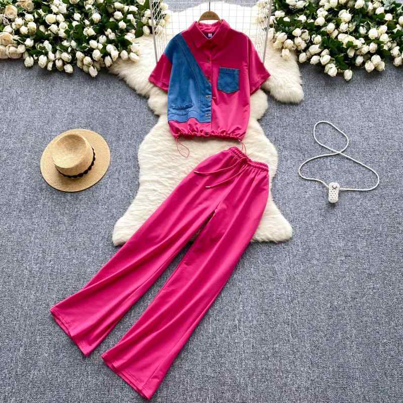 セットアップ レディース デニム 切り替え レトロ ダメージ加工 アシンメトリー ポロ襟 七分袖 シャツ ハイウエスト ワイドロングボト..