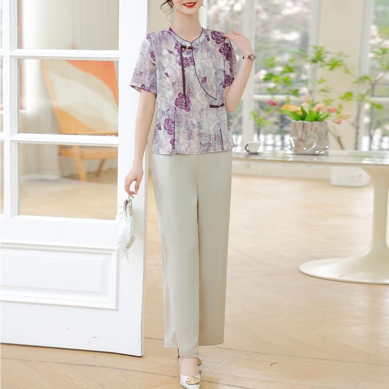 セットアップ レディース ミセス チャイナドレス風 改良デザイン ツーピース 春夏 花柄プリント 飾りボタン スタイルアップ効果 レトロ..
