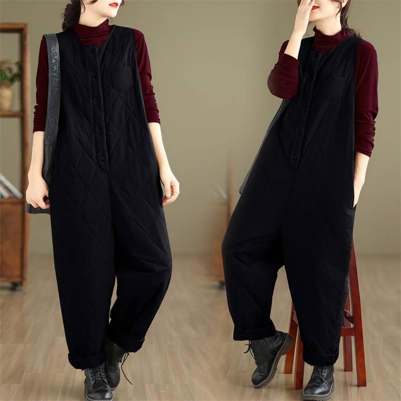 サロペット レディース 大きいサイズ ゆったり キルティング ジルコニア柄 中綿入り あったか 防寒 オーバーオール オールインワン コンビネゾン ハーレムパンツ サルエル 体型カバー 無地 カジュアル 秋冬