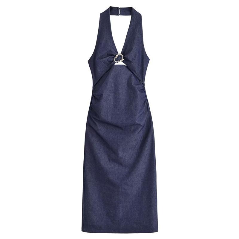 ワンピース レディース ホルターネック セクシー バックオープン カットアウトデザイン 切り替え Aライン ショート丈 ギャザー 無地 ポリエステル 欧米風 ストリートカジュアル 春夏