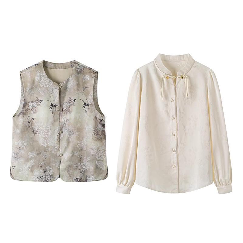 ベスト ジレ レディース 秋冬 新中華風 オリエンタル レトロ チャイナボタン 花柄プリント 切り替え 重ね着 羽織り レーヨン カジュアル 普段使い