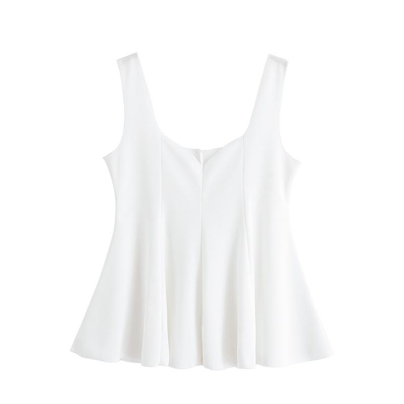 キャミソール レディース 欧米風 ストリート カジュアル おしゃれ ノースリーブ ショート丈 裾フリル 切り替え ギャザー スリムフィット ポリエステル 無地 白 黒 春夏 トップス