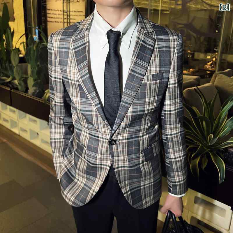 テーラードジャケット メンズ 男性 秋冬 カジュアル ビジネス オフィス チェック柄 シングルブレスト スリムフィット 長袖 ポリエステル きれいめ スタイリッシュ 大人 韓国風 上着 アウター グリーン グレー カーキ 普段使い