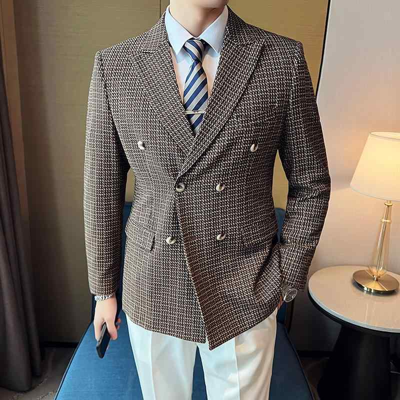 ジャケット メンズ ダブルブレスト スリムフィット チェック柄 テーラード 長袖 秋冬 カジュアル オフィスカジュアル ポリエステル混紡 レギュラー丈 ブルー系 ブラウン系