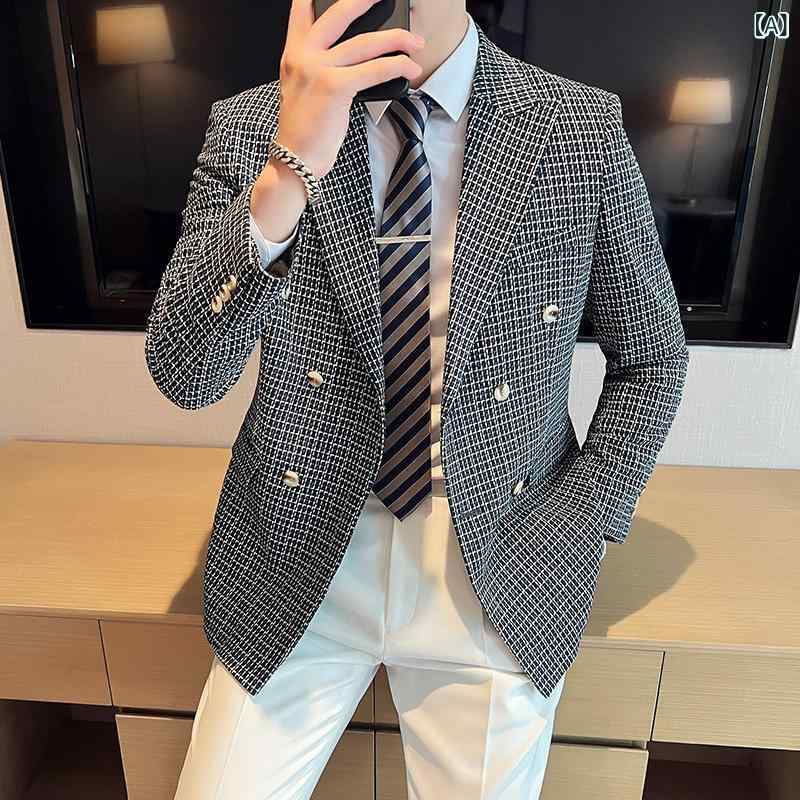 ジャケット メンズ ダブルブレスト スリムフィット チェック柄 テーラード 長袖 秋冬 カジュアル オフィスカジュアル ポリエステル混紡 レギュラー丈 ブルー系 ブラウン系