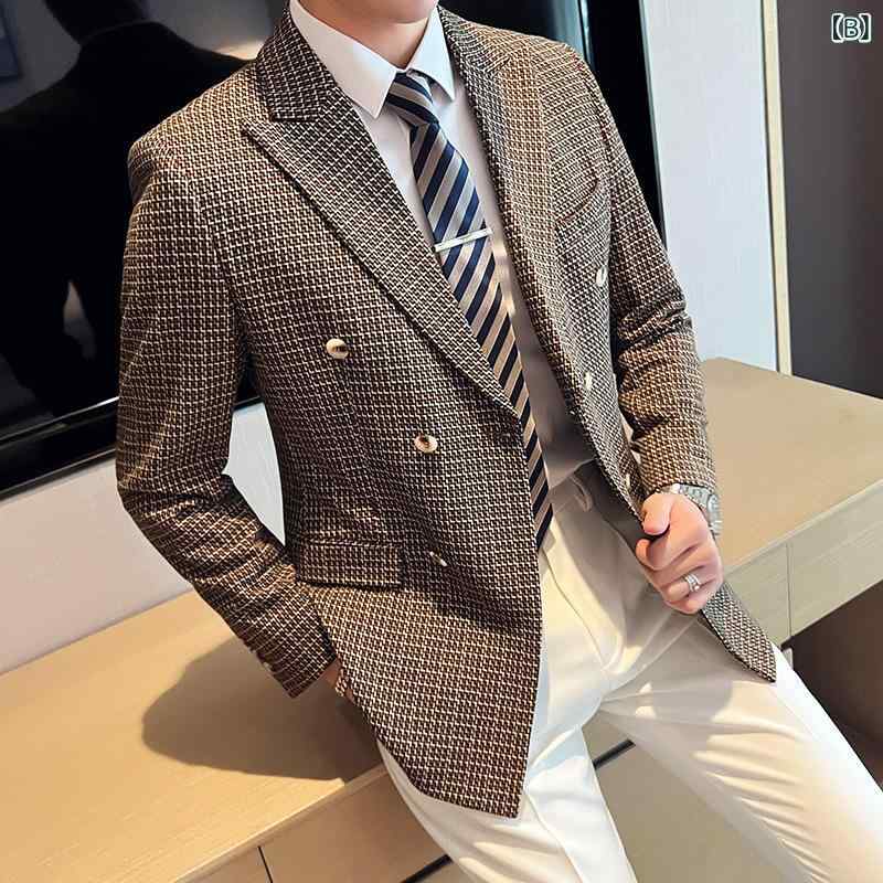 ジャケット メンズ ダブルブレスト スリムフィット チェック柄 テーラード 長袖 秋冬 カジュアル オフィスカジュアル ポリエステル混紡 レギュラー丈 ブルー系 ブラウン系