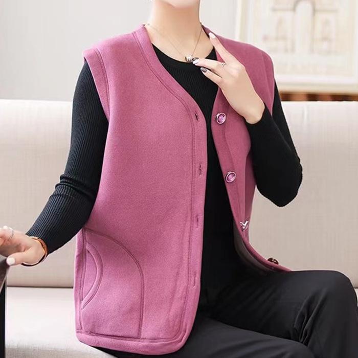 ベスト レディース ママ シニア 中高年 前開き ボタン Vネック 裏起毛 極厚 3層 シームレス 保温 防寒 ..