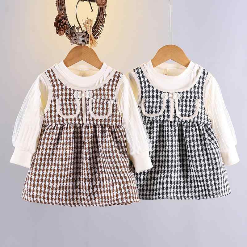 キッズ 女の子 ベビー服 韓国風 かわいい 柔らかい 綿素材 重ね着風 長袖 トップス 切り替え チェック..