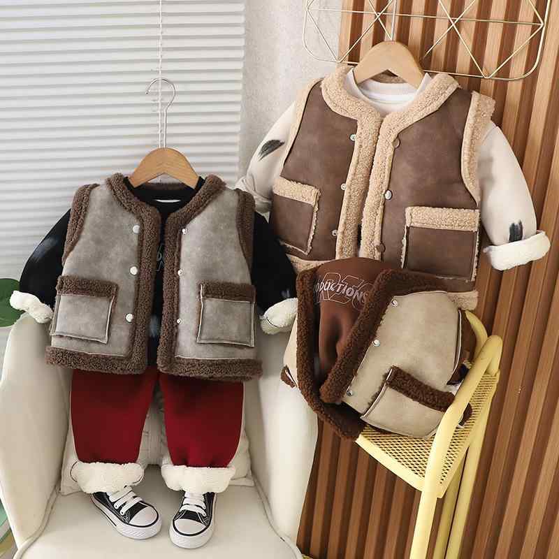 子供服 男の子 韓国風 カジュアル 裏起毛 フェイクファー一体型 アウター コート ベスト パンツ 3点セット 冬用 厚手 あったか 防寒 綿 コットン グレー...