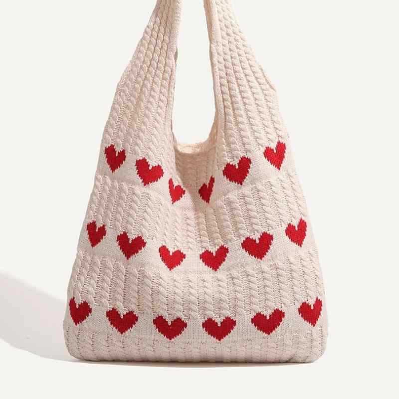 トート レディース 春夏 手編み 毛糸 ニット 編み込み ハート柄 ショルダーバッグ 肩掛け 鞄 かわいい ..