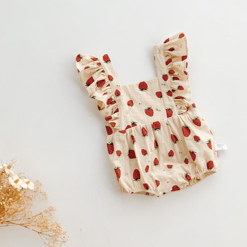 ロンパース 女の子 ベビー 女児 かわいい 春夏 ノースリーブ タンクトップ いちご柄 三角タイプ 綿 コ..