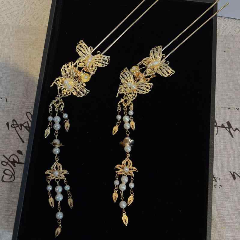 ヘアアクセサリー 簪 古風 新中華風 唐風 蝶々 タッセル 漢服 チャイナドレス 馬面スカート 髪飾り 合金製 浴衣 着物 成人式 卒業式 和装小物 秋(x2)