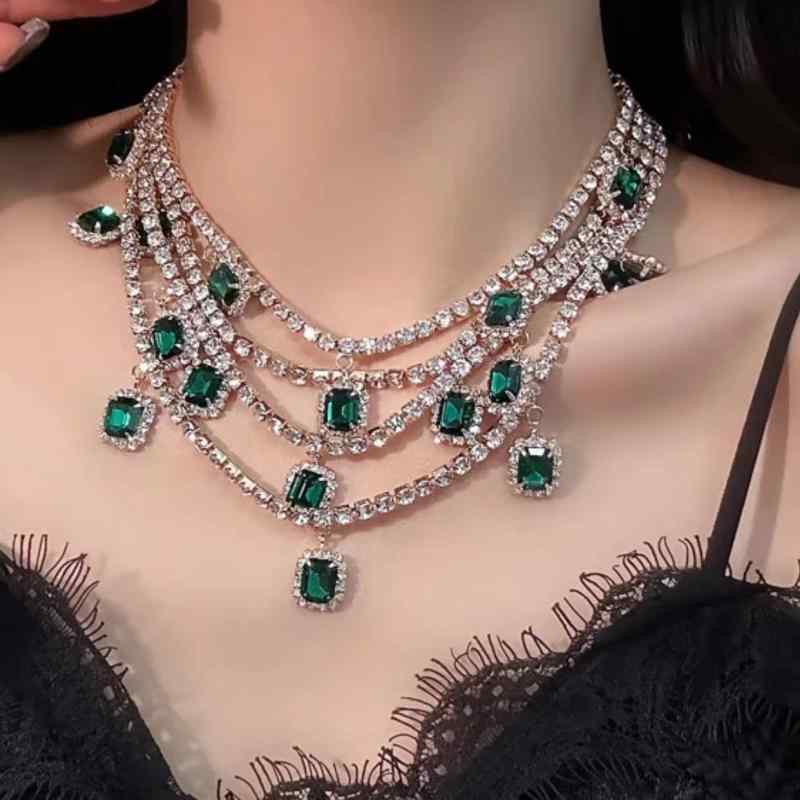 ネックレス レディース ジルコニア ラインストーン 多層 スクエアペンダント エメラルドグリーン クリ..